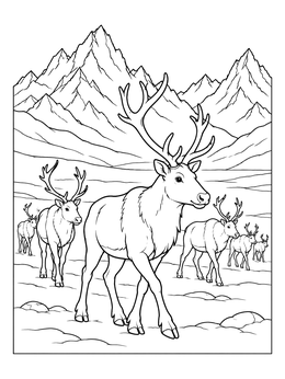 A reindeer herd walks across a valley in this reindeer coloring page.