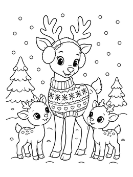 A reindeer coloring page featuring a mother deer in a winter sweater standing with two cute baby fawns in snow.