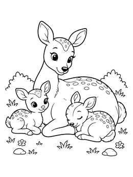 A gentle mother and twin calves rest in this reindeer coloring page.