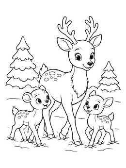 A sweet reindeer coloring page with a mother deer and two calves walking in the snow.