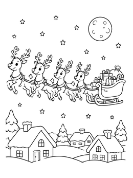 Santa's sleigh flies over snowy village houses in this reindeer coloring page.