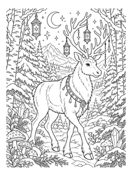 Detailed reindeer coloring page featuring lanterns, snowy pine trees, and a crescent moon.
