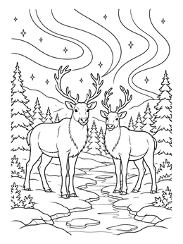 Two reindeer stand by an icy creek in this northern lights coloring page.