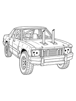 A rugged derby car coloring page featuring vertical hood exhaust pipes and a roll cage.
