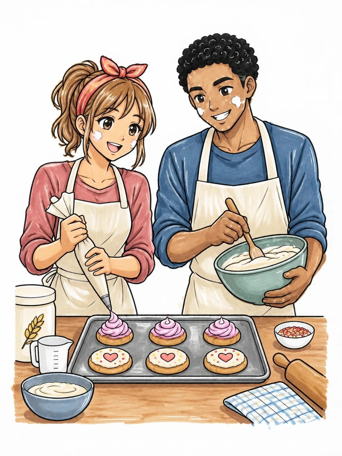 Colored example of the Anime Couple Baking Sweet Pastries coloring page