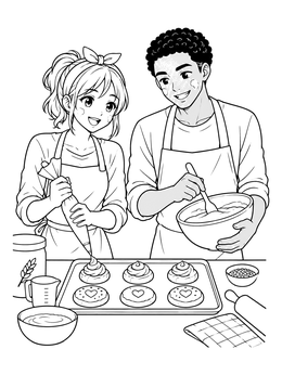 A happy anime couple decorates pastries together in this sweet relationship coloring page.