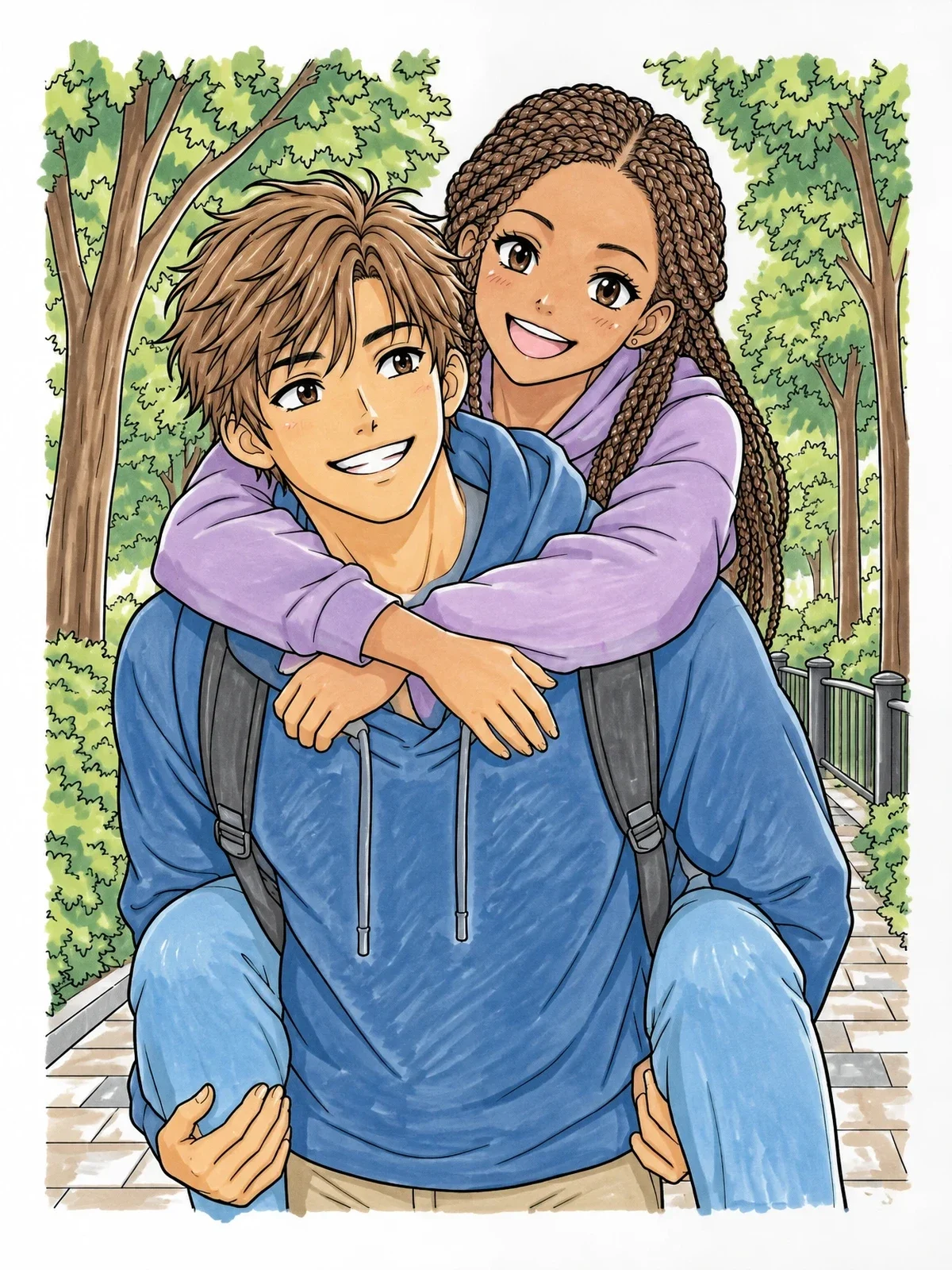 Colored example of the Piggyback Ride In The Park coloring page