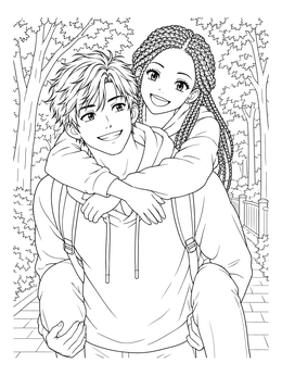 A cheerful relationship coloring page showing a young anime couple on a piggyback walk.