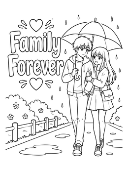 An anime couple walks together under an umbrella in this relationship coloring page.