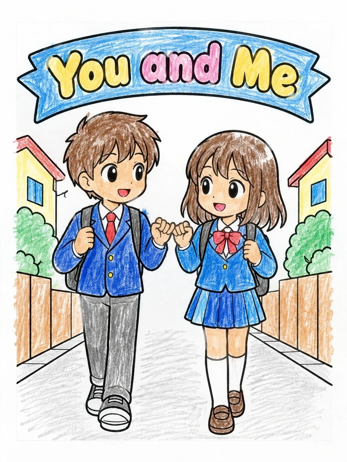 Colored example of the Anime Friends Walking Home Together coloring page