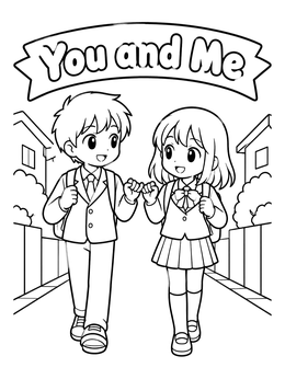 Two cute anime students link pinky fingers in this relationship coloring page.