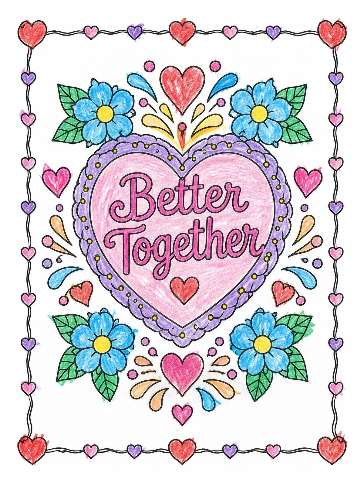 Colored example of the Better Together Heart Frame coloring page