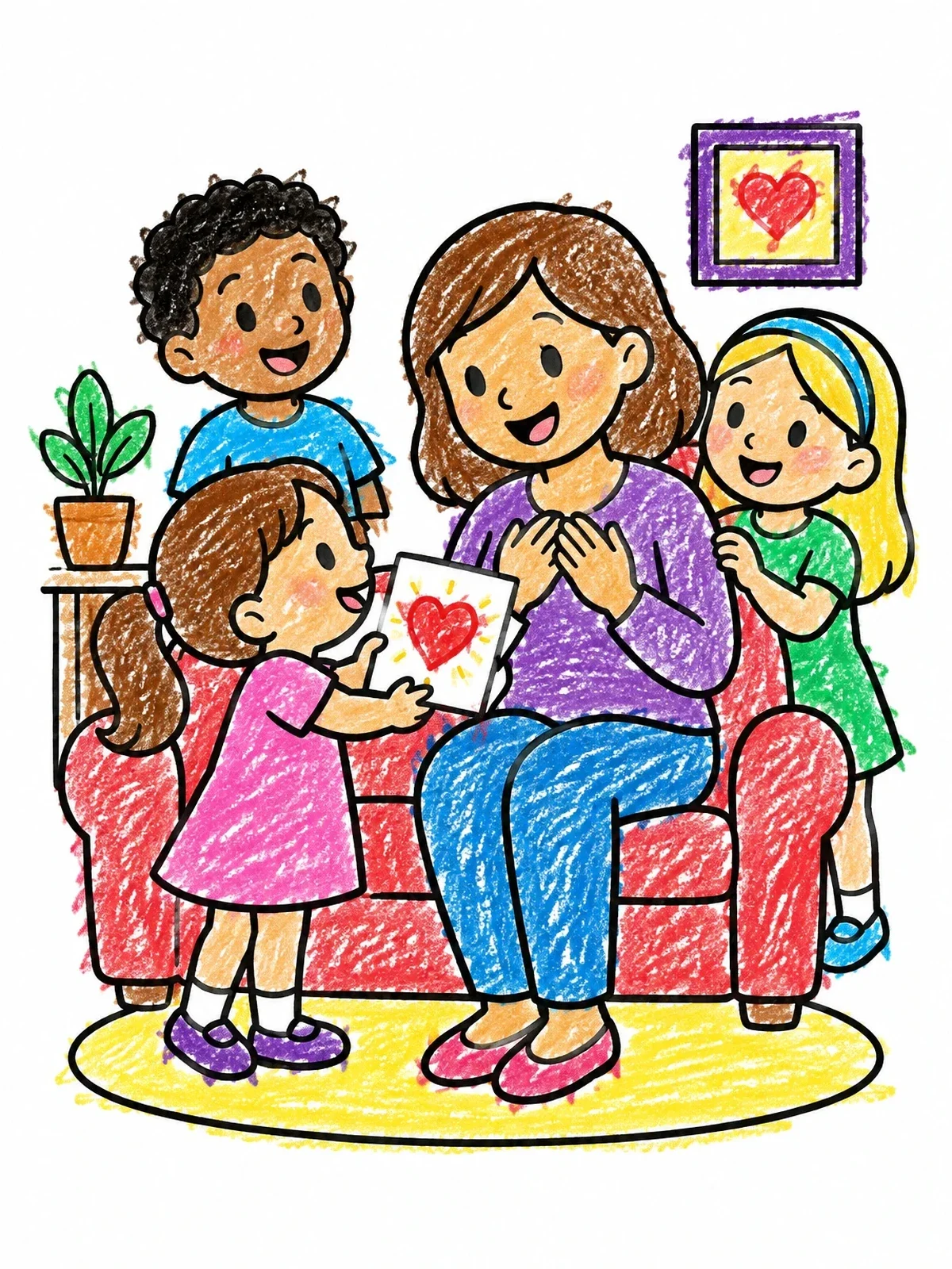 Colored example of the Children Giving Heart Card To Mother coloring page