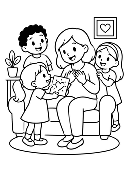 A sweet relationship coloring page of a girl giving her smiling mother a handmade heart card.