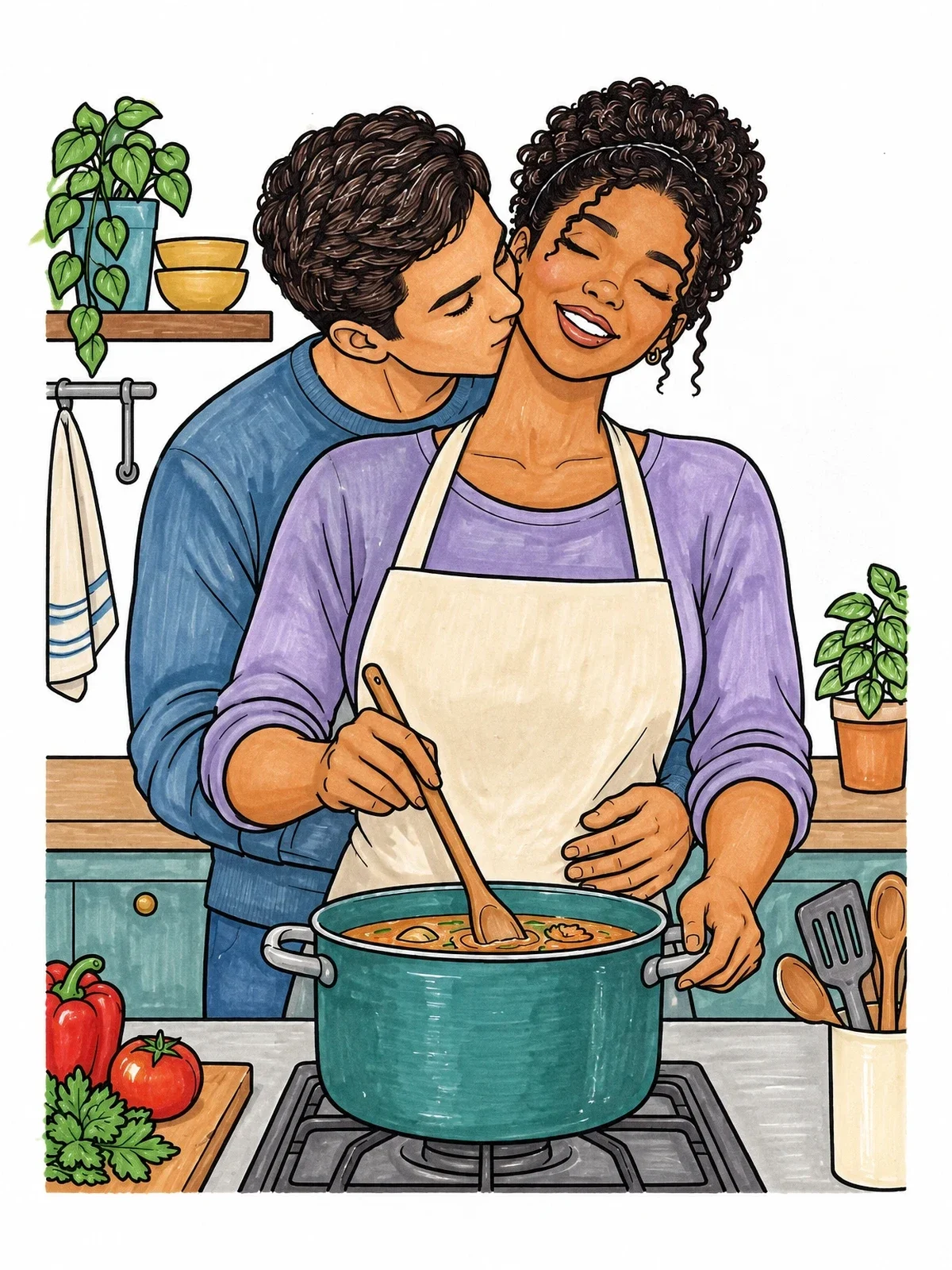 Colored example of the Affectionate Couple Cooking In The Kitchen coloring page