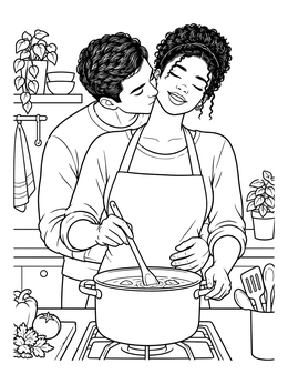 A sweet relationship coloring page featuring a partner kissing the cook on the cheek while stirring soup.