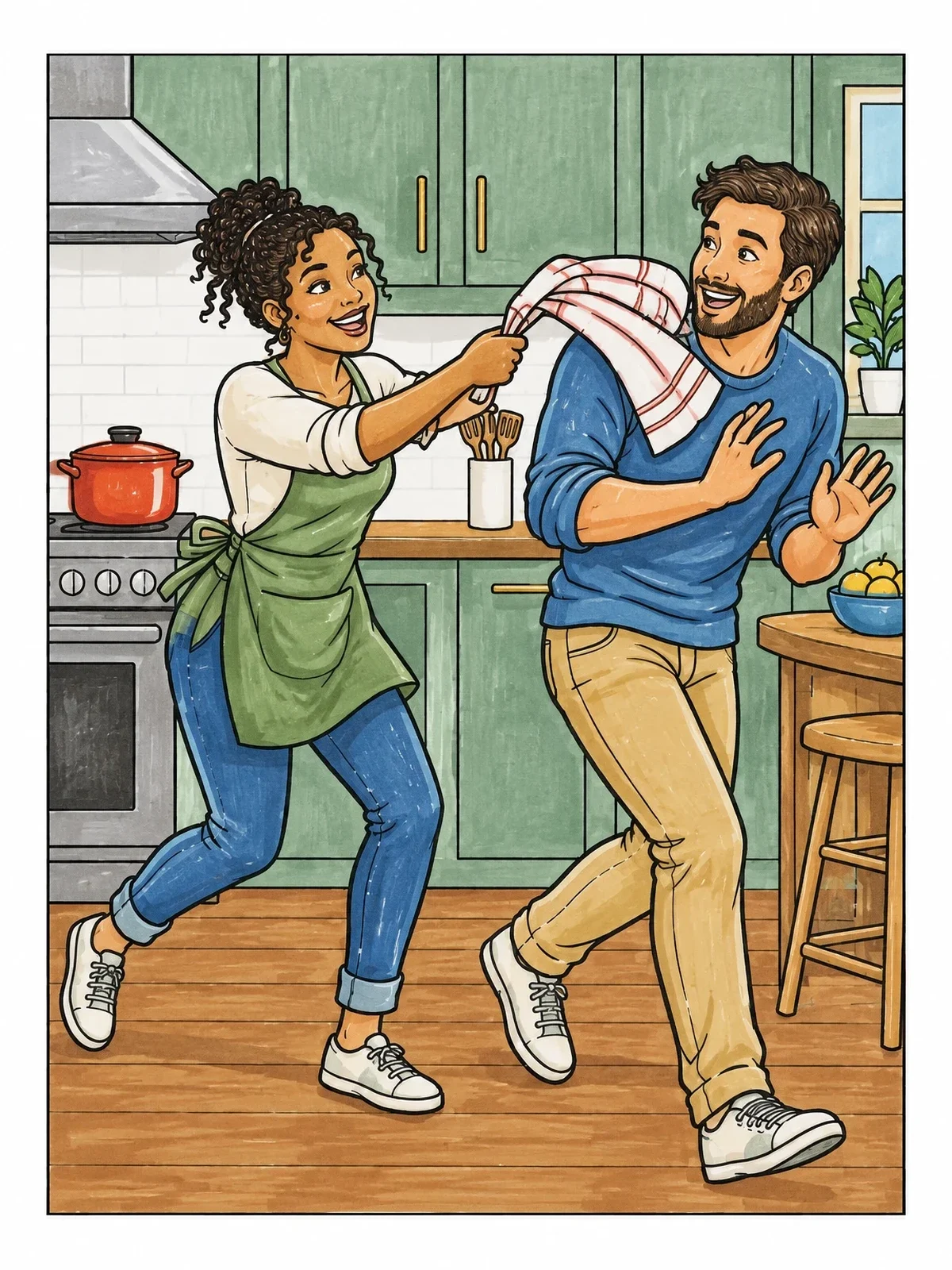 Colored example of the Playful Kitchen Chase Between Couple coloring page