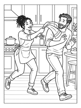A cheerful couple laughs during a kitchen chase in this relationship coloring page.