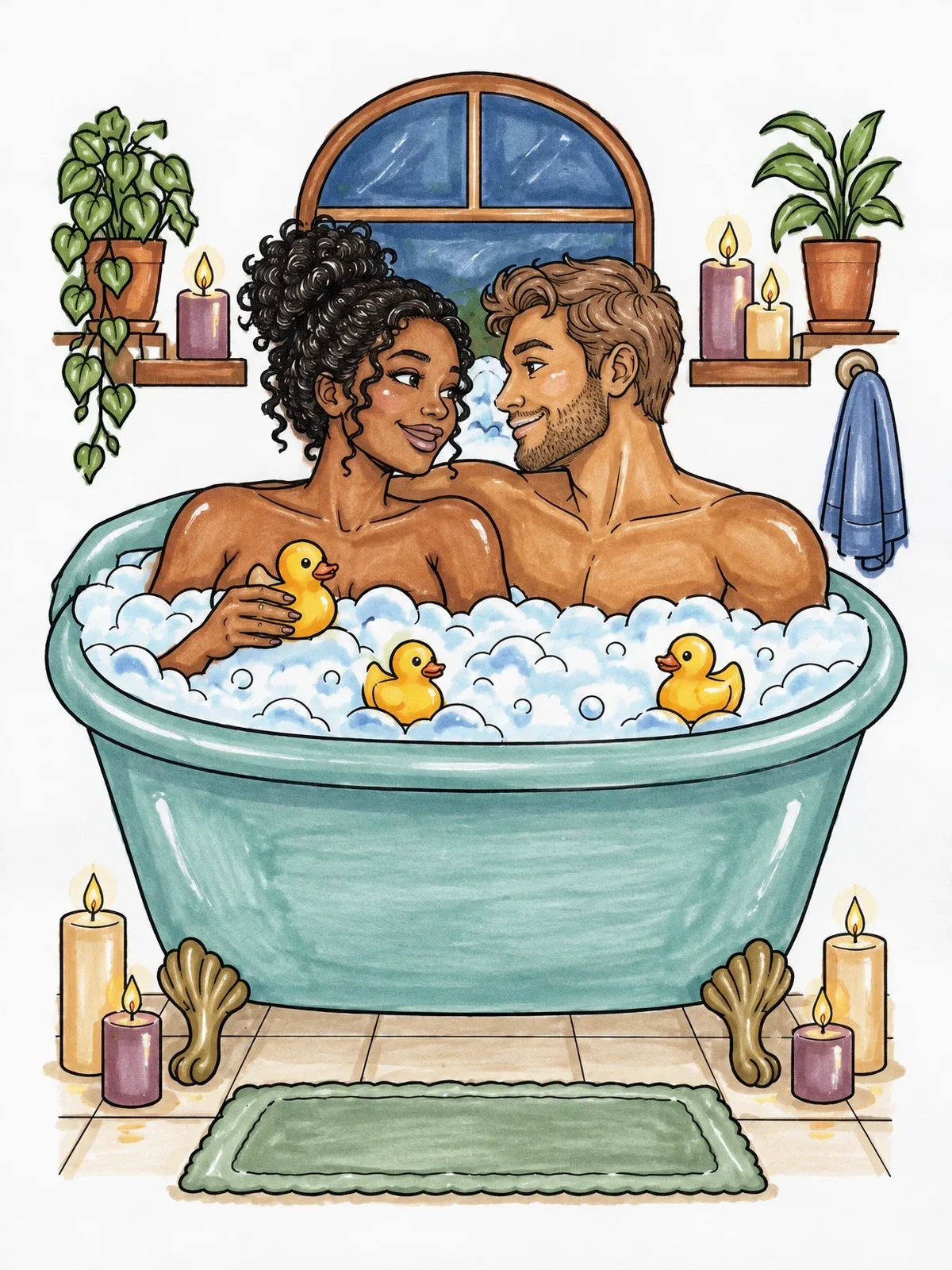 Colored example of the Cozy Bubble Bath For Two coloring page