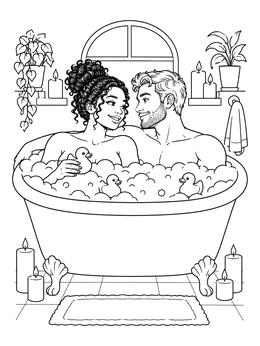 A smiling couple relaxes in a sudsy tub on this romantic relationship coloring page.