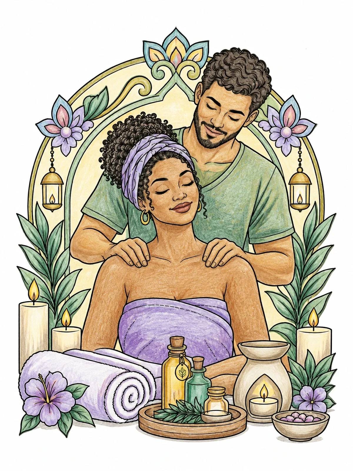 Colored example of the Couple Relaxing Spa Shoulder Massage coloring page