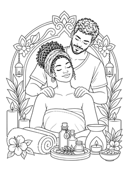 A man massages a woman's shoulders with candles in this relationship coloring page.