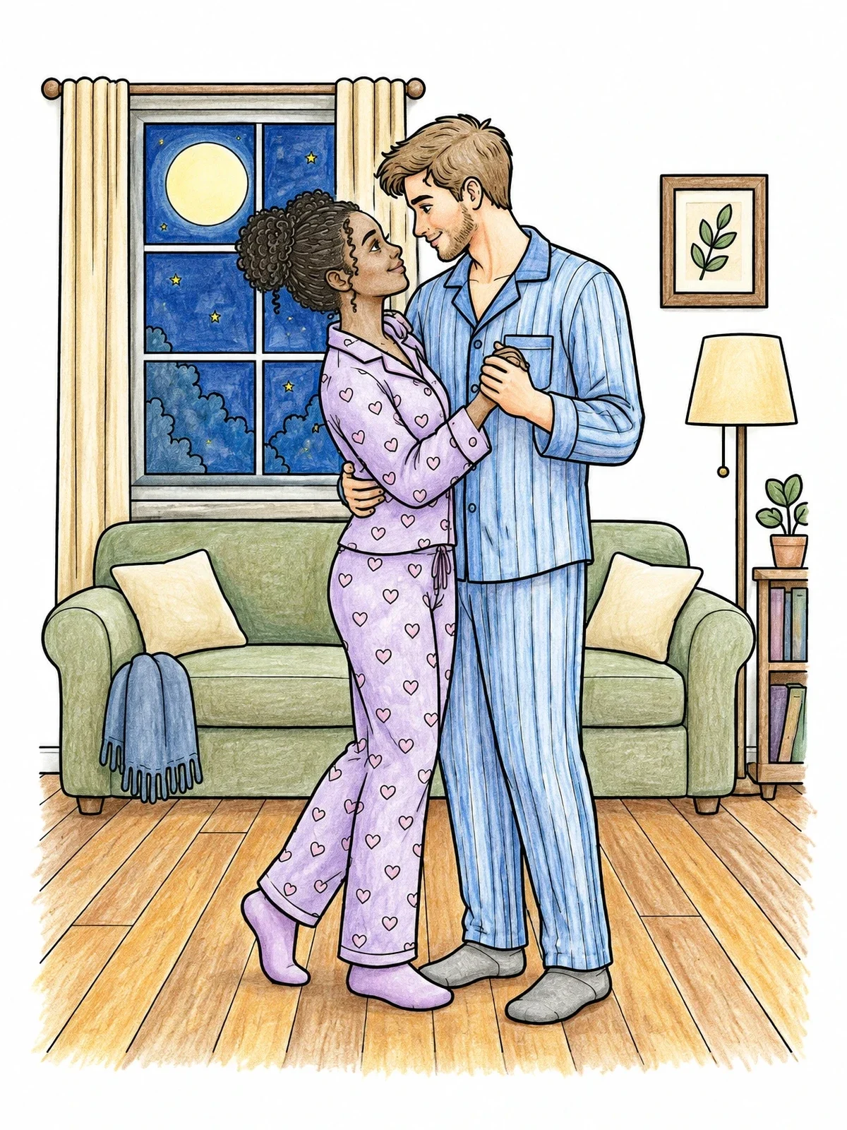 Colored example of the Cozy Living Room Slow Dance coloring page