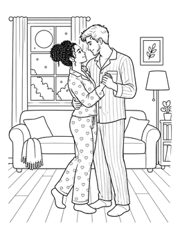 A sweet relationship coloring page of a couple dancing in pajamas at night.