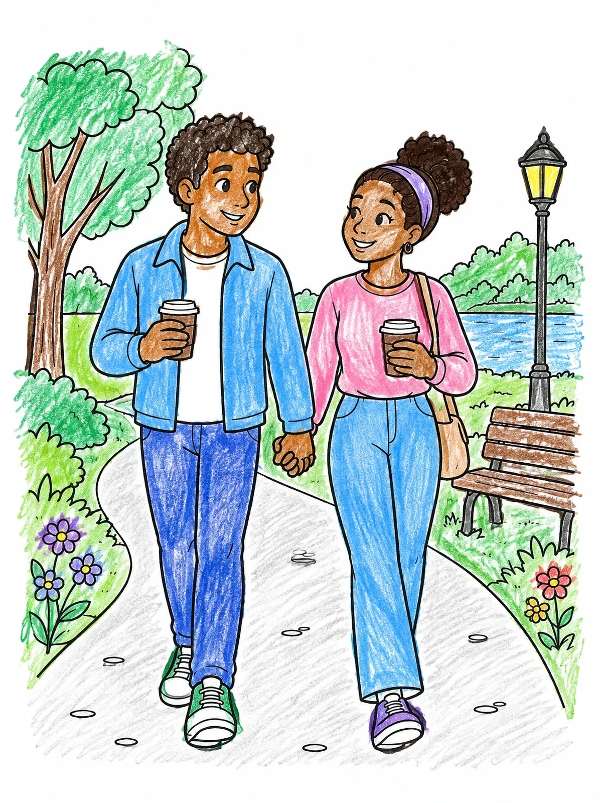 Colored example of the Couple Walking In The Park coloring page