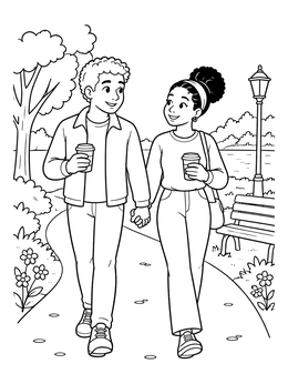 A smiling couple holding hands in this relationship coloring page.