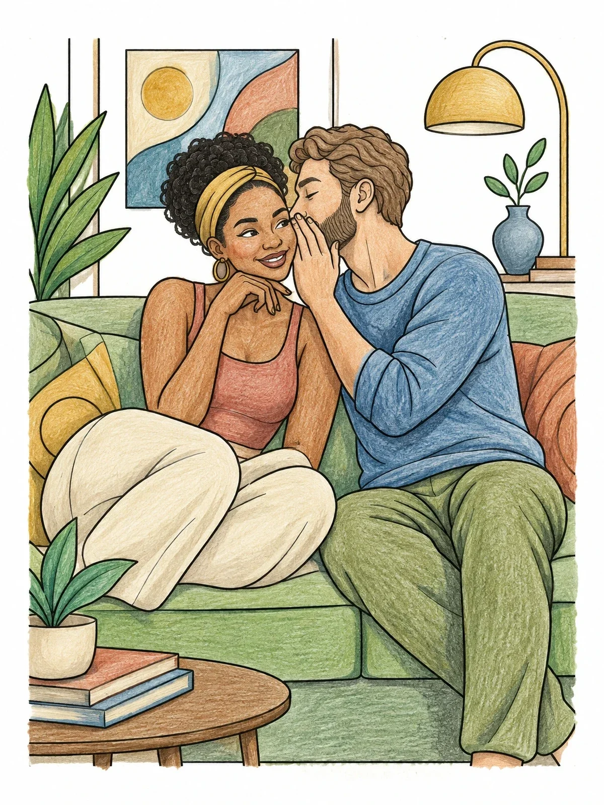 Colored example of the Couple Whispering Secrets On The Couch coloring page
