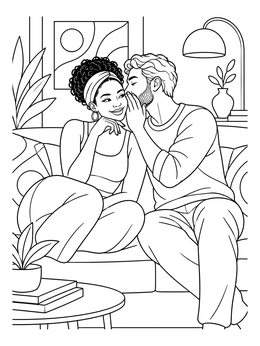 A man whispers into a woman's ear in this cozy relationship coloring page.