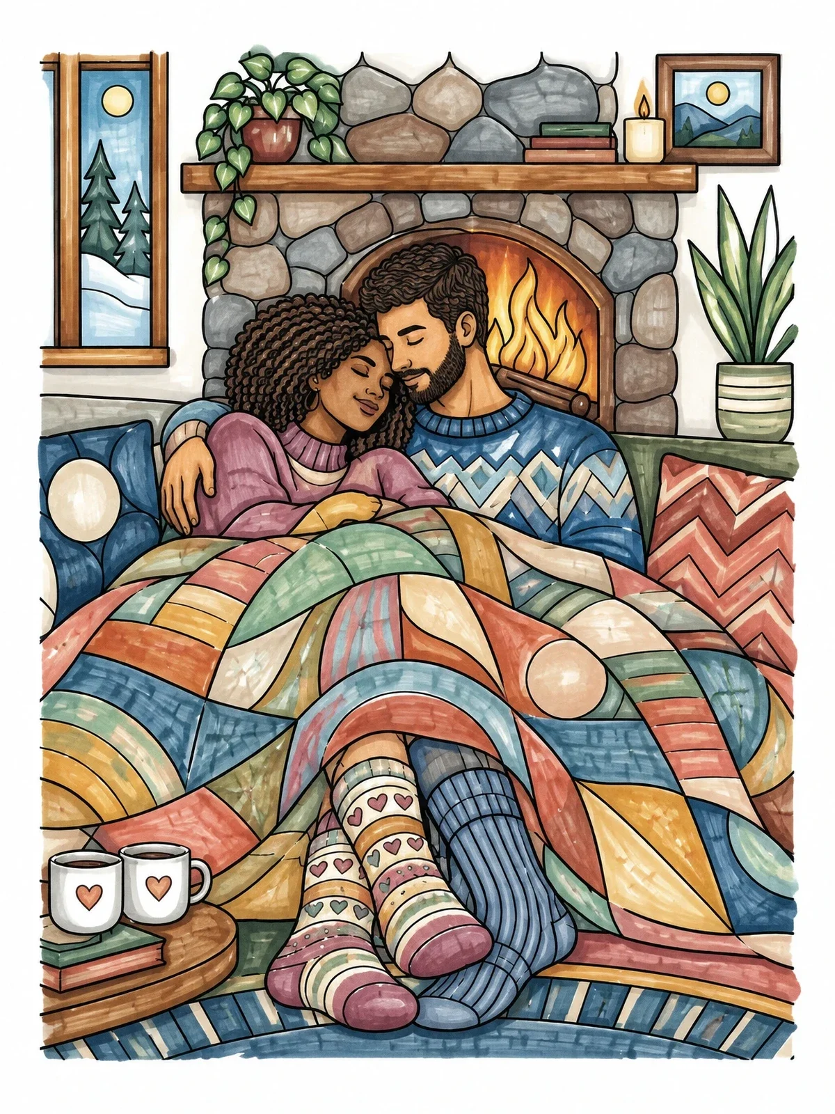 Colored example of the Cozy Fireside Cuddle Under A Quilt coloring page