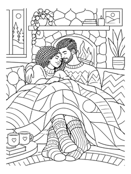 A cozy couple rests near the fireplace in this detailed relationship coloring page.