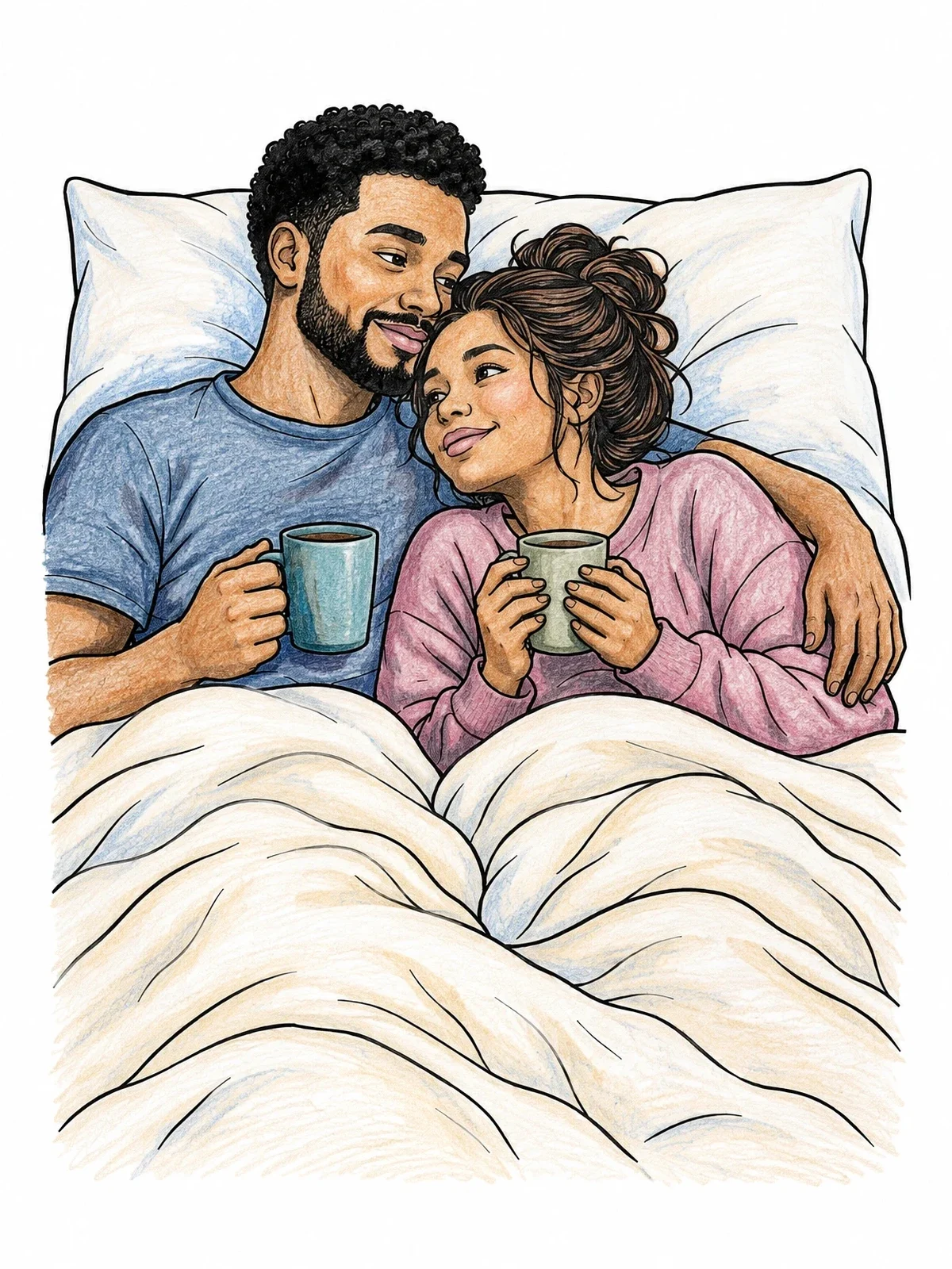 Colored example of the Cozy Morning Coffee In Bed coloring page