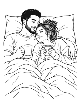 A smiling couple sharing morning coffee in bed on this cozy relationship coloring page.