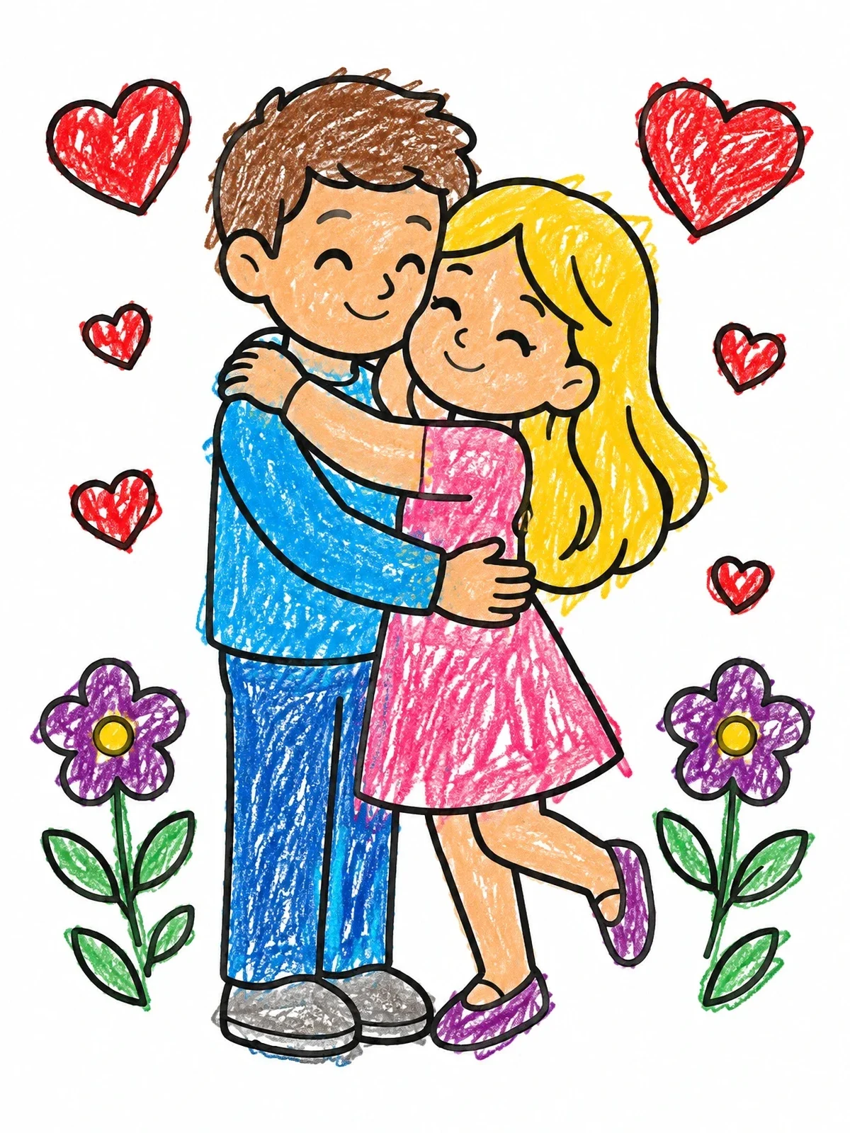Colored example of the Cute Couple Hugging With Hearts coloring page