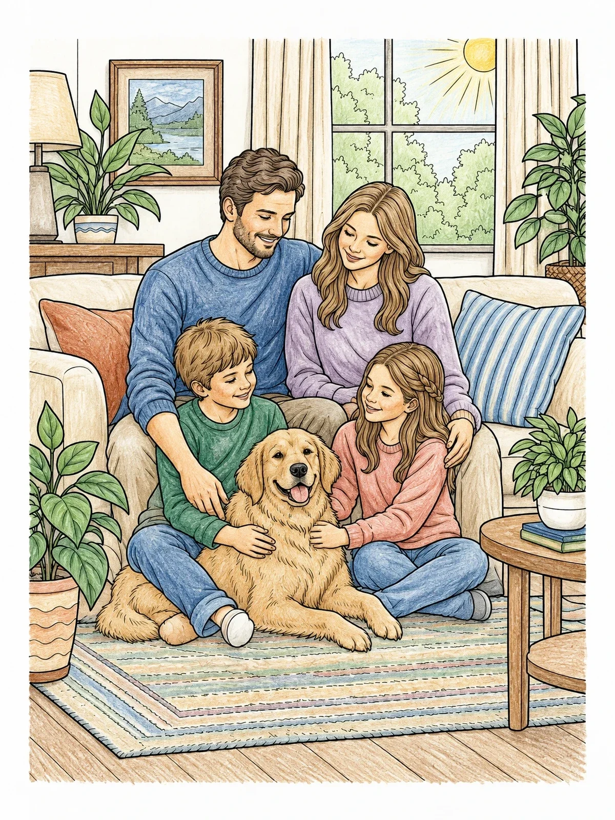 Colored example of the Family And Dog In Cozy Living Room coloring page