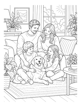 A happy family relaxing on a sofa with their pet dog in this relationship coloring page.
