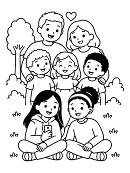 A happy relationship coloring page showing a family standing outdoors with two teens listening to music together.
