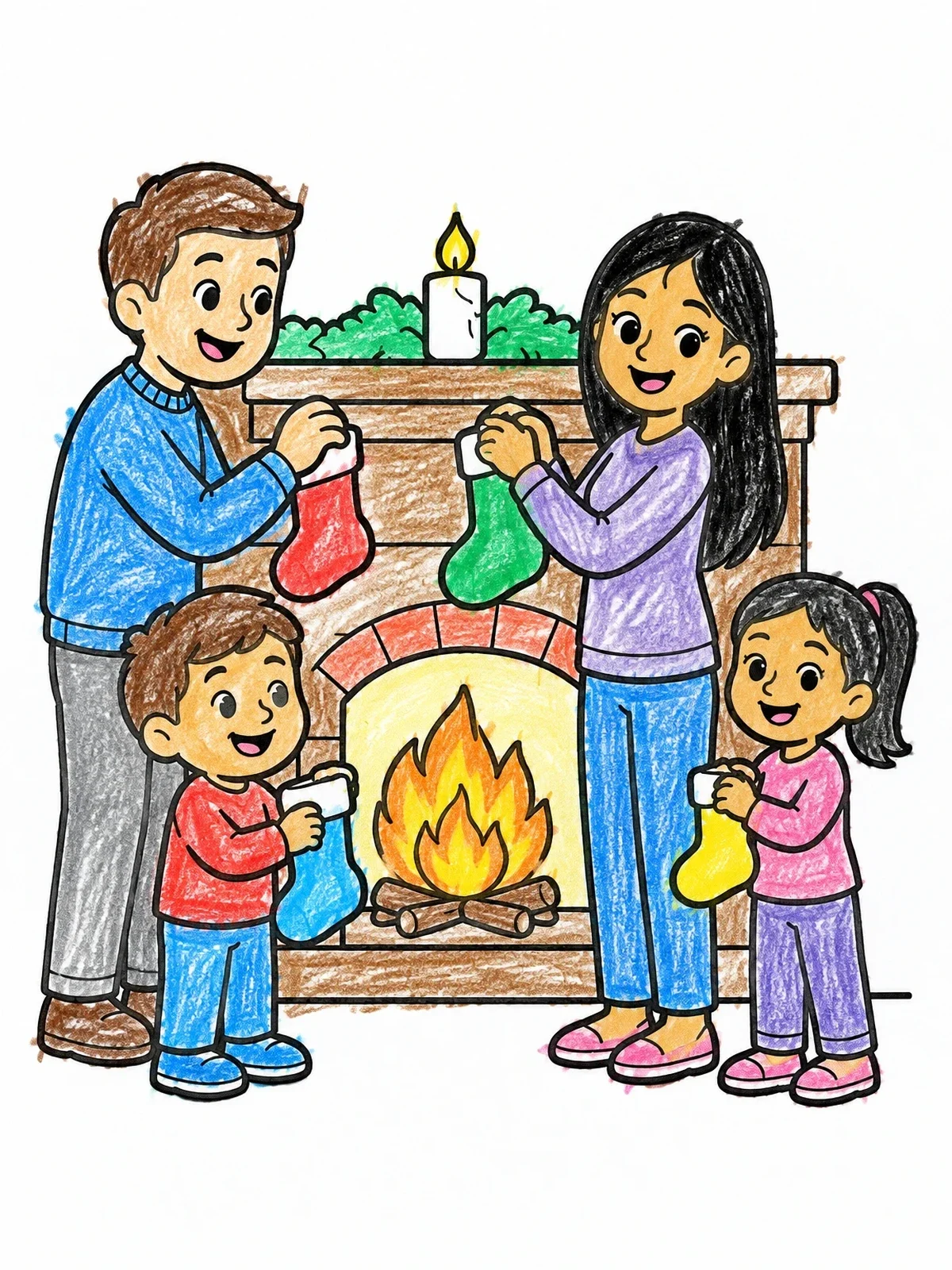 Colored example of the Family Hanging Stockings By Fireplace coloring page