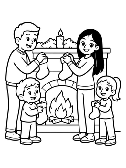 A happy family hanging holiday stockings by the fireplace in this relationship coloring page.