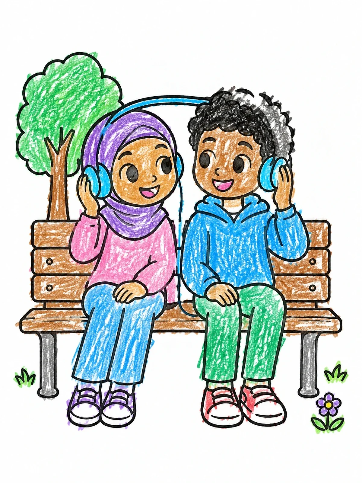 Colored example of the Friends Sharing Music On Park Bench coloring page