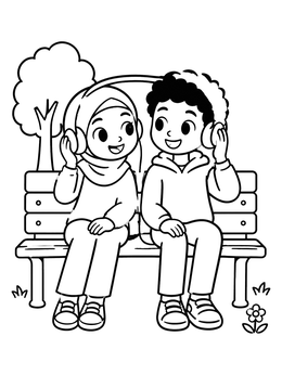 A sweet relationship coloring page featuring two friends sharing headphones on a bench.