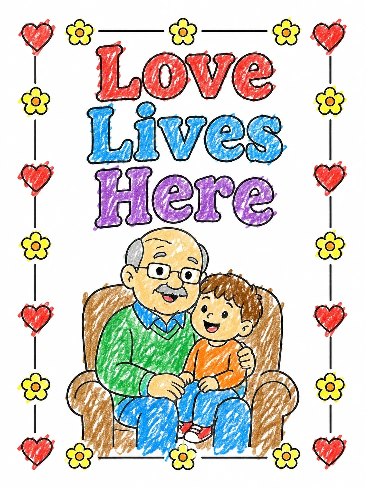 Colored example of the Grandfather And Grandson Love Lives Here coloring page