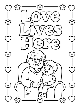 A grandfather and grandson sit together happily in this relationship coloring page.