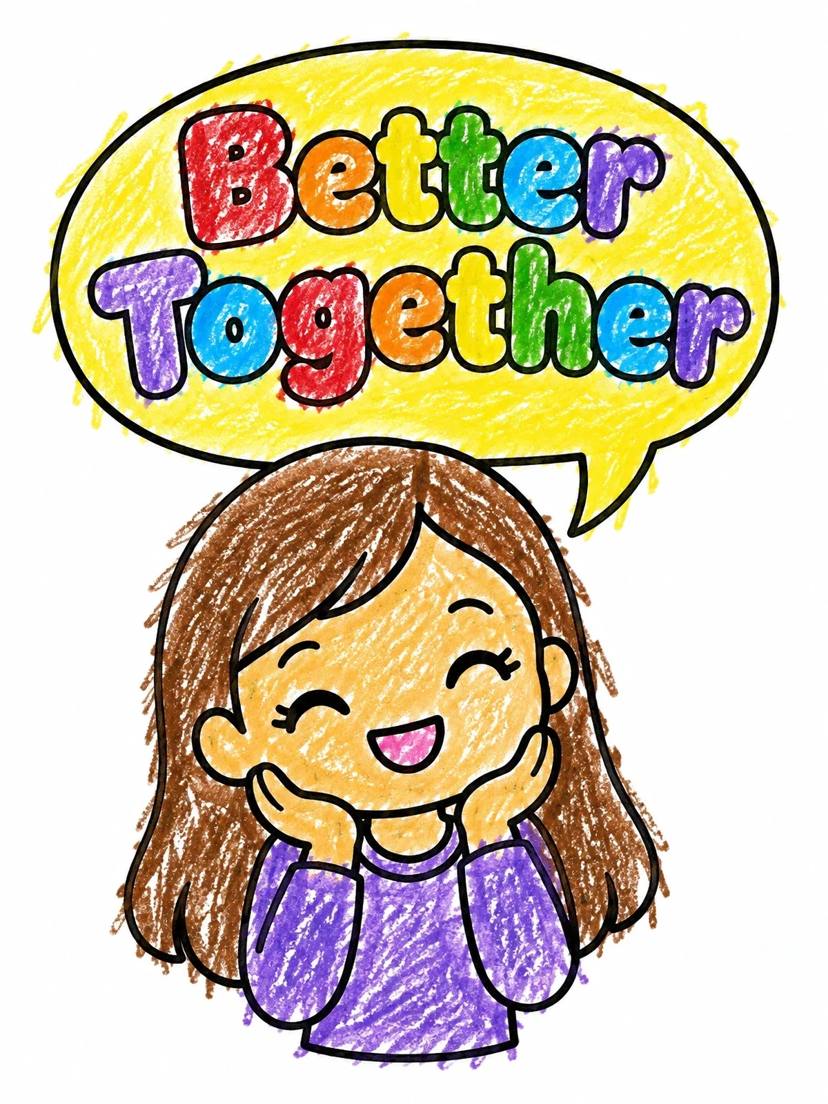 Colored example of the Happy Girl Saying Better Together coloring page