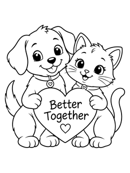 A cute puppy and kitten hold a heart on this sweet relationship coloring page.