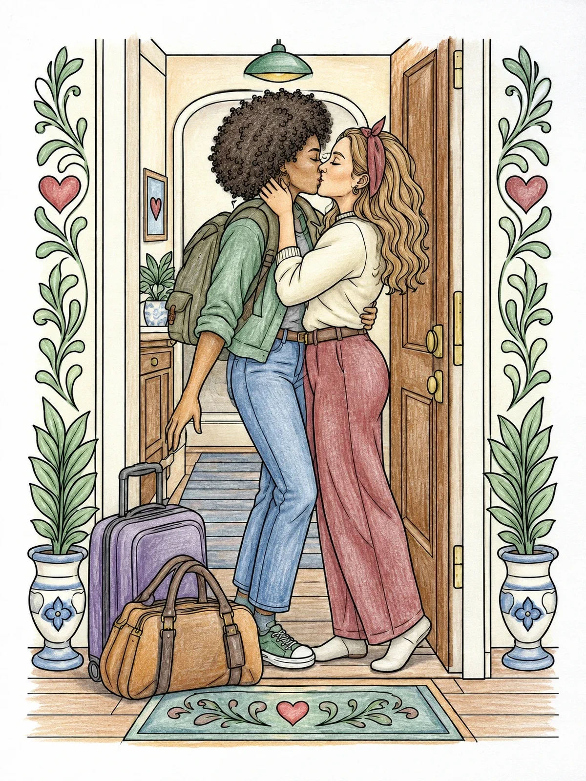 Colored example of the Romantic Reunion At The Doorway coloring page
