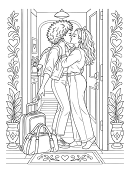 A couple embraces in a doorway on this detailed relationship coloring page.